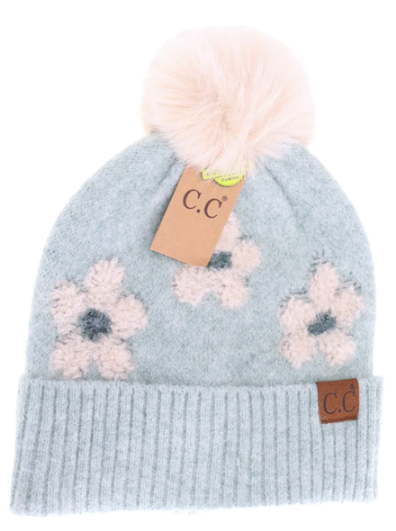 C.C. Beanie Daisy Contrast Faux Fur Pom