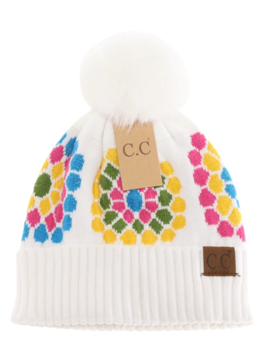 C.C. Beanie Hat Flower Pattern Pom