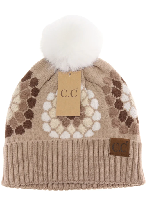 C.C. Beanie Hat Flower Pattern Pom