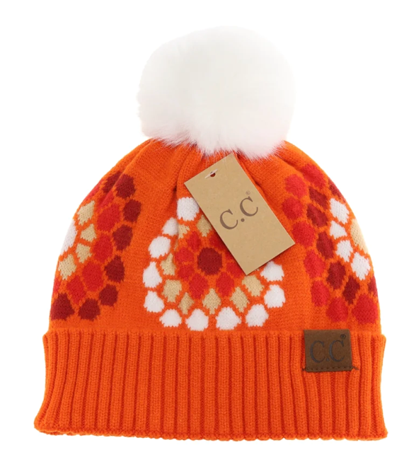 C.C. Beanie Hat Flower Pattern Pom
