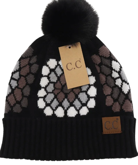 C.C. Beanie Hat Flower Pattern Pom