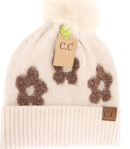 C.C. Beanie Daisy Contrast Faux Fur Pom