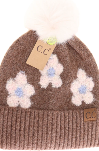 C.C. Beanie Daisy Contrast Faux Fur Pom