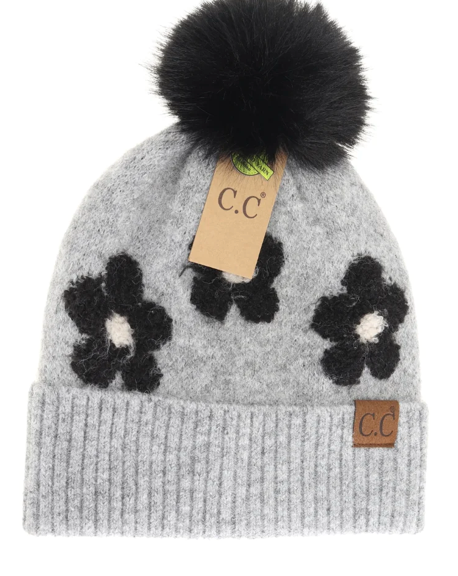 C.C. Beanie Daisy Contrast Faux Fur Pom